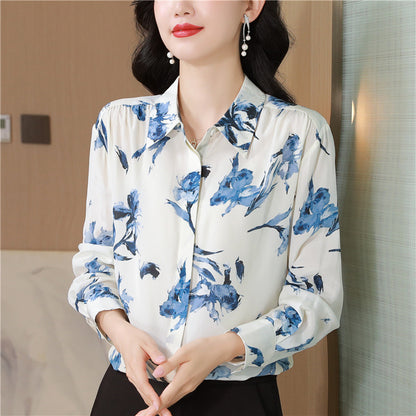 Polyester Women's Long Sleeve Loose Printed Shirt