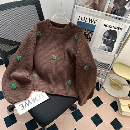 Loose And Lazy Style High-grade Korean Style Vintage Embroidered Flower Pullover Sweater