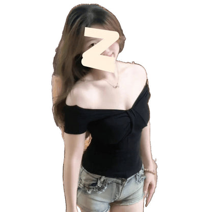 Female Solid Color One Shoulder Off Shoulder V-neck Short Sleeved Shirt