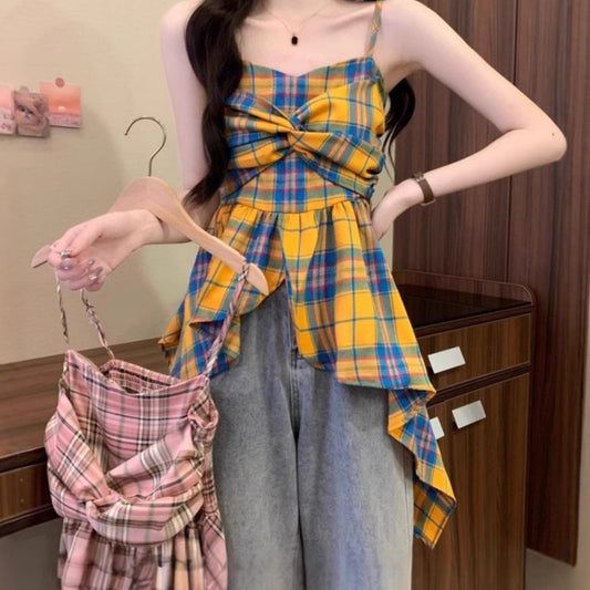 Dopamine Contrast Color Plaid Irregular Spaghetti-strap Vest