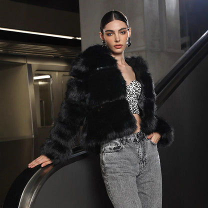 Black Faux Fur Short Hood Jacket