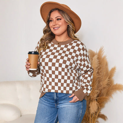 Women's Large Size Plaid Contrast Color Sweater