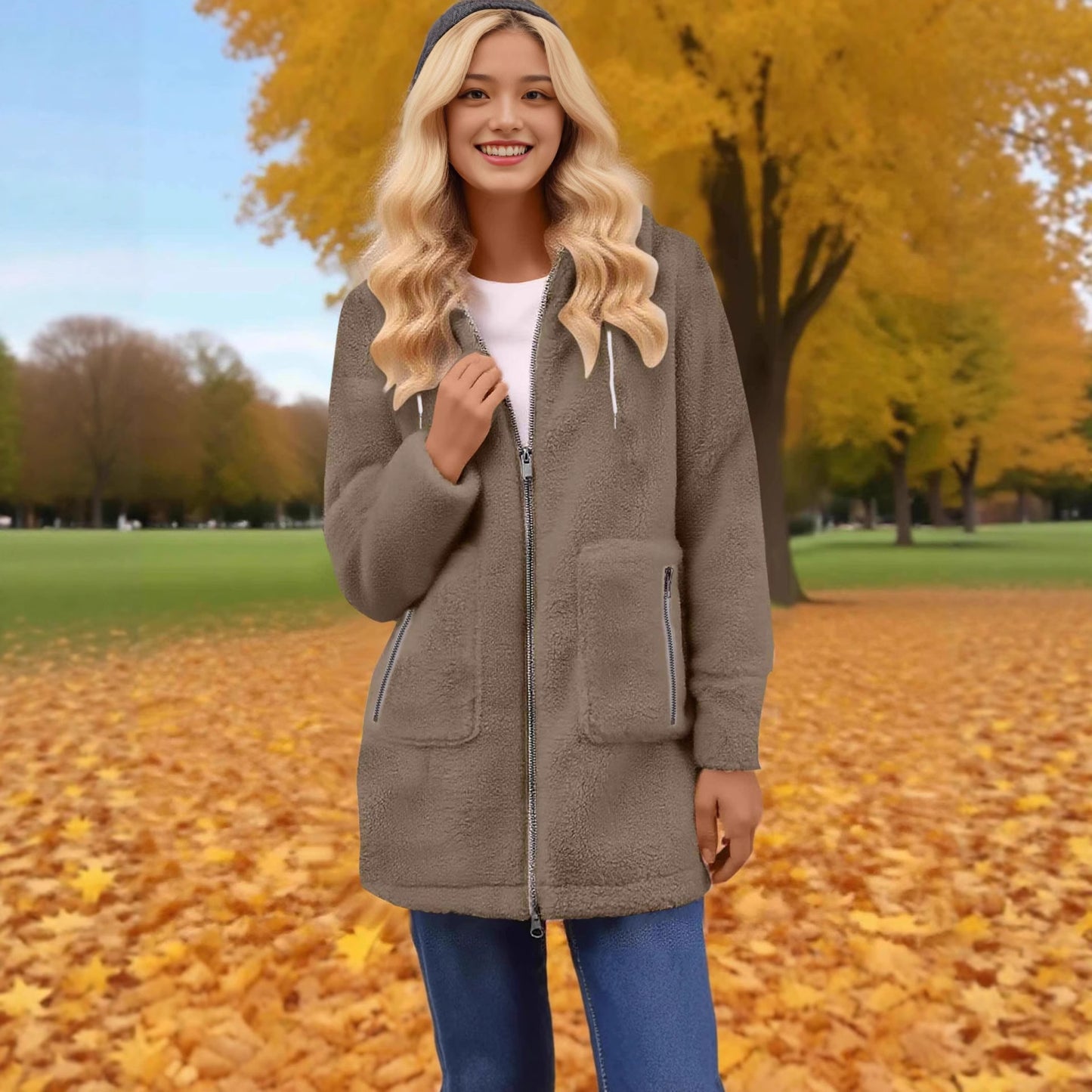 Fashion Autumn And Winter Zipper Pocket Lamb Wool Coat