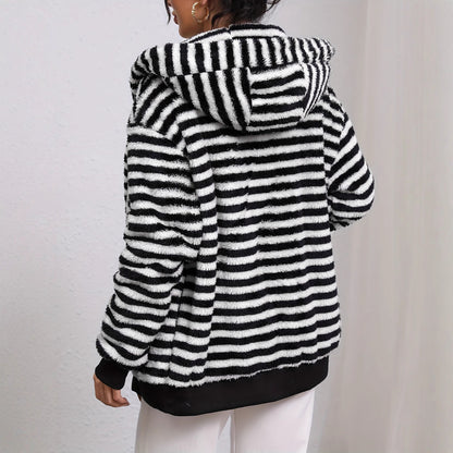 New Lazy Plush Design Black And White Striped Hooded Jacket