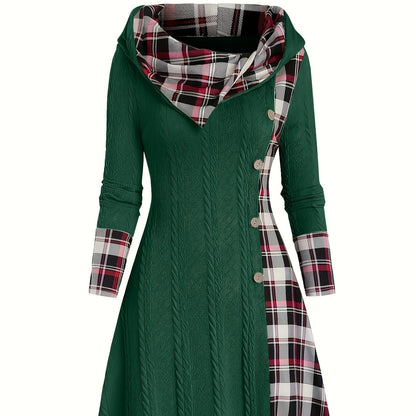 Women's Hooded Sunken Stripe Sweater Long Sleeve Leisure Pullover Dress