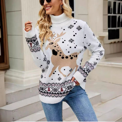 High Collar Loose Long Sleeve Snowflake Sweater For Women