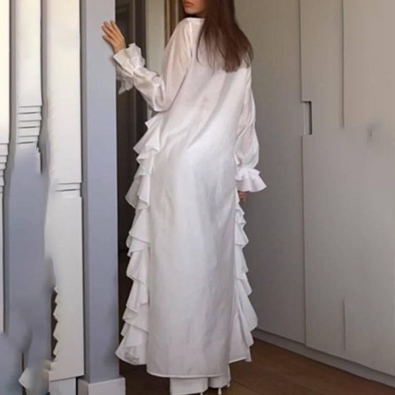 Women's Solid Long Sleeve Blouse, V Neck High Low Shirt With Irregular Ruffles, Asymmetrical Hem Office Party Tops