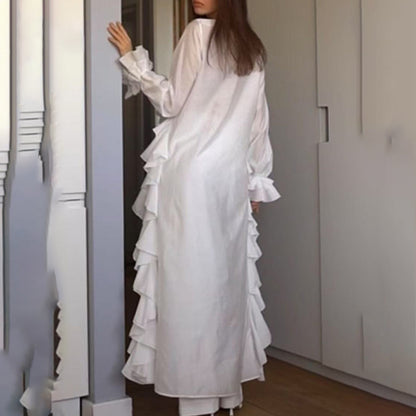 Women's Solid Long Sleeve Blouse, V Neck High Low Shirt With Irregular Ruffles, Asymmetrical Hem Office Party Tops