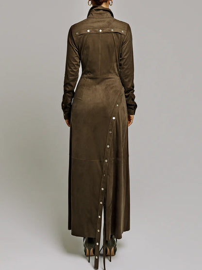Olive Green Suede Shirt Dress With Asymmetric Snap Button Slit
