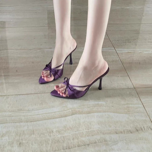 New Summer Satin Sexy Open Toe Bow Elegant Stiletto High Heel Sandals, Socialite Style