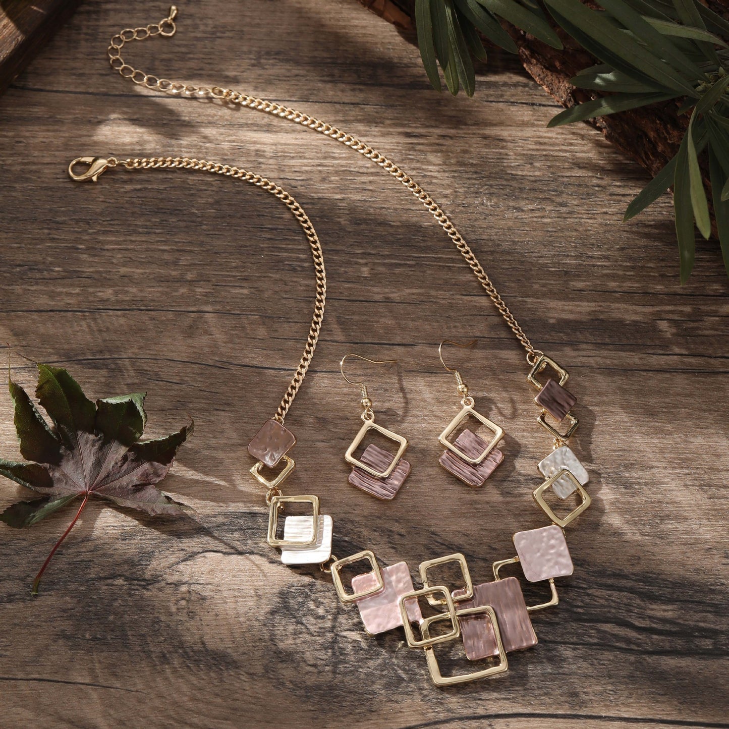 Colorful Geometric Square Jewelry Set – Earrings, Bracelet & Necklace