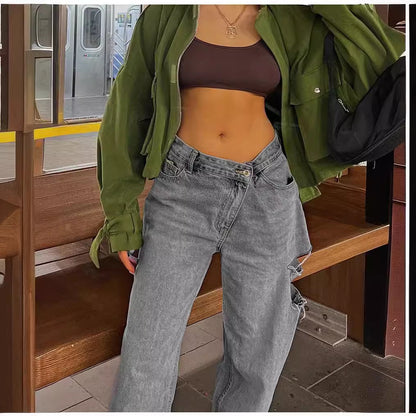 Fashionable Oblique Waist Low Waist Loose Hole Jeans For Women