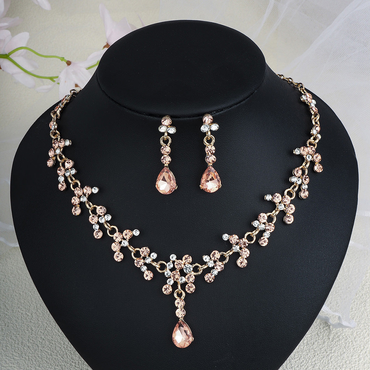 Rhinestone Pearl Earrings & Necklace Set for Women