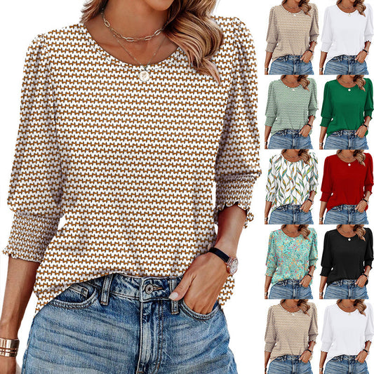 Autumn Loose Casual Print Round Neck Top For Women