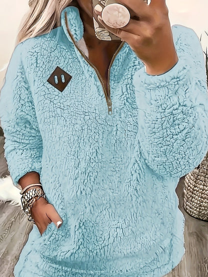 Solid Color Plush Half Zipper Pocket Pullover Sweater Top Women