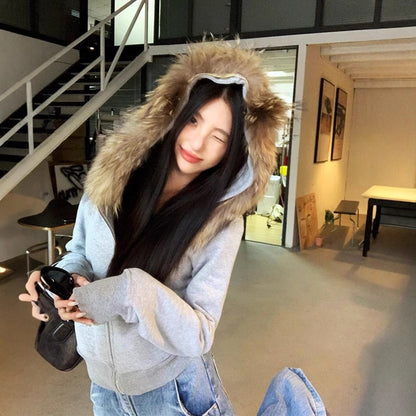 Vintage Gray Fleece Lined Warm Hooded Cardigan Top