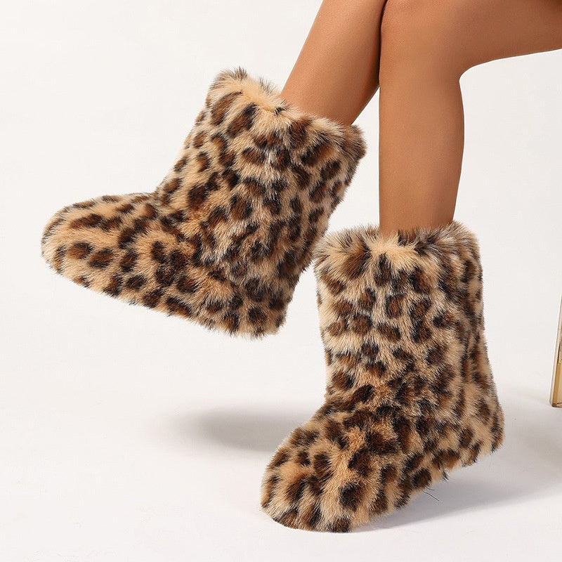European And American Imitation Raccoon Fur Winter Warm Mid-calf Women's Shoes