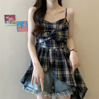 Dopamine Contrast Color Plaid Irregular Spaghetti-strap Vest