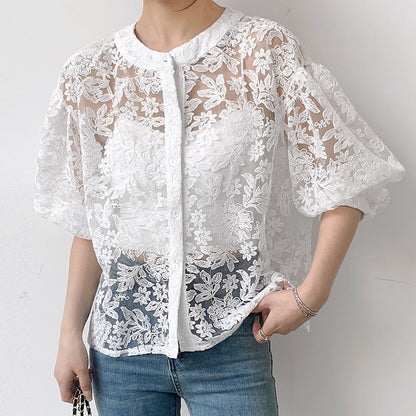 Lantern Sleeve Round Neck Lace Blouse