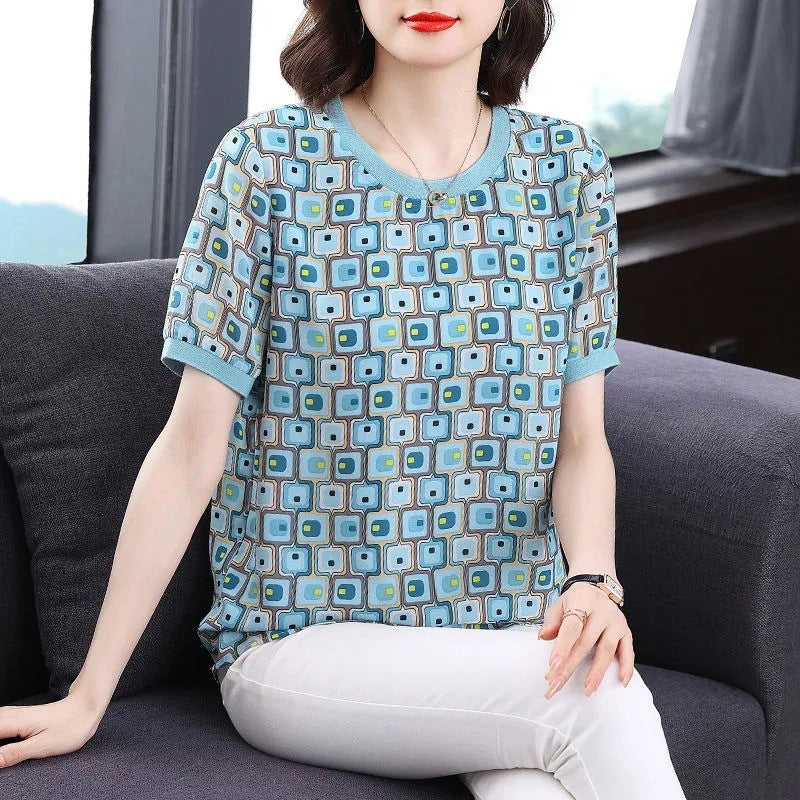 Women's Loose Oversized Printed Short Sleeved Shirt