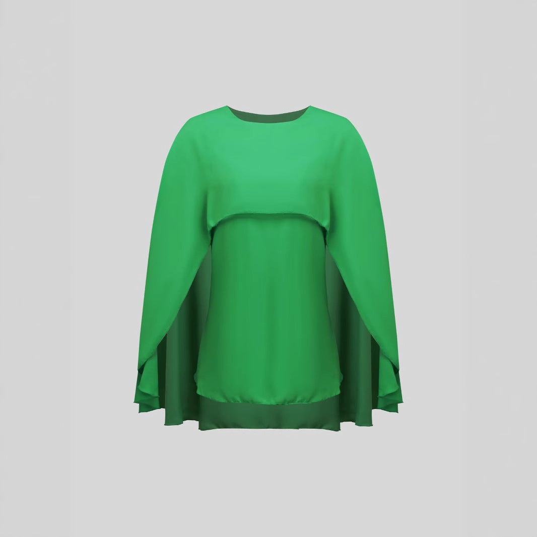 Cape Round Neck Long Sleeve Plus Size Women's Clothes Top