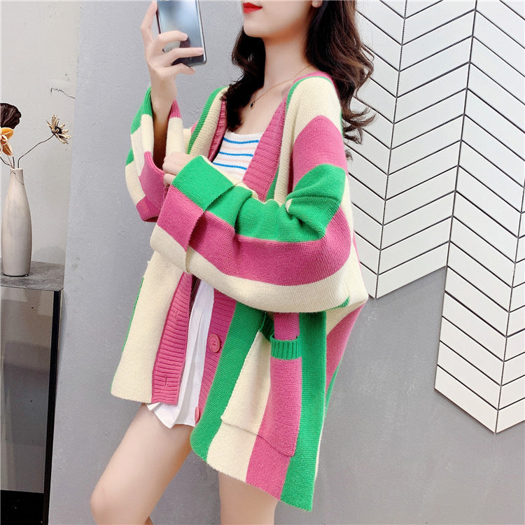 Striped Color Stitching Knitted Cardigan Sweater Coat For Women