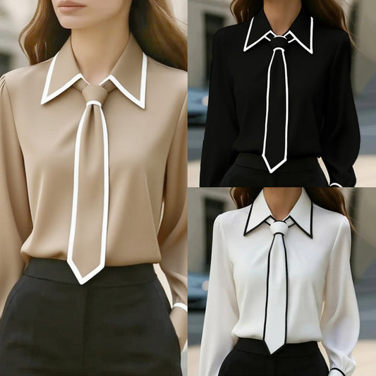 Women's Classic Tie & Lapel Blouse, Long Sleeve Contrast Color Design Shirt For Office And Formal Wear