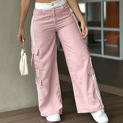 Women's Striped Straight Leg Pants Button Zip With Pocket Casual Trousers For Spring And Fall