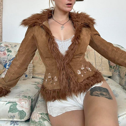 Vintage Maillard Fur Collar Flower Embroidery Short Warm Coat