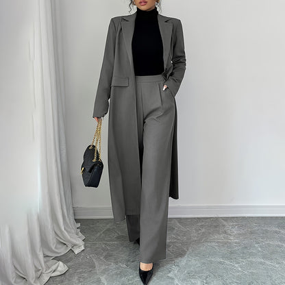 Women's 2 Piece Suit Set, Long Blazer Jacket And Straight Leg Pants, Business Formal Office Outfits For Work, NO Lining