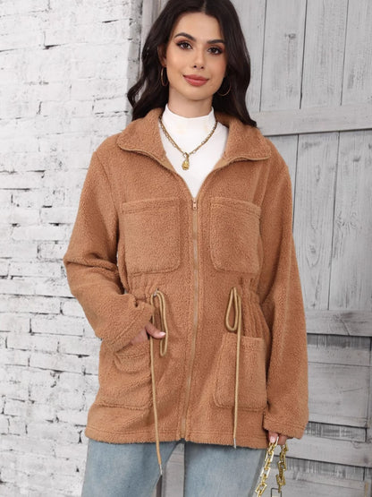 Loose Pockets Zipper And Lapel Long Sleeve Cardigan Plush Coat