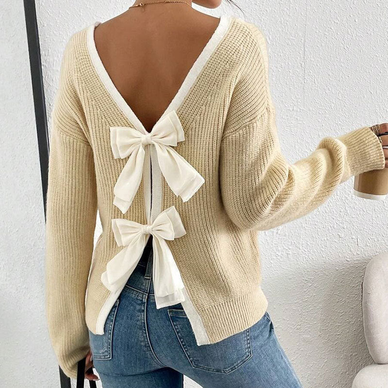 Women's Bow Sweater Long Sleeve Top, Open Back Crew Neck Split Pullover, Fall Trendy Going Out Sweater