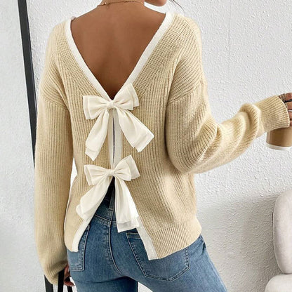 Women's Bow Sweater Long Sleeve Top, Open Back Crew Neck Split Pullover, Fall Trendy Going Out Sweater