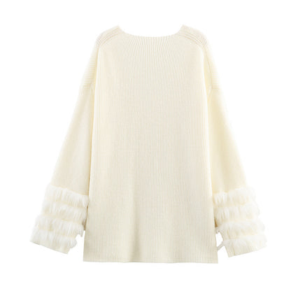 Casual V-neck Cuff Furry Knitted Dress