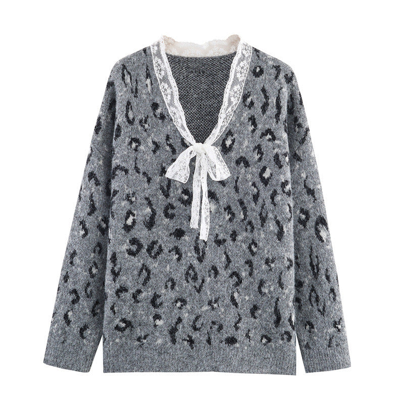 Women's Loose Ruffled Leopard Print Pullover Sweater