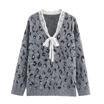 Women's Loose Ruffled Leopard Print Pullover Sweater