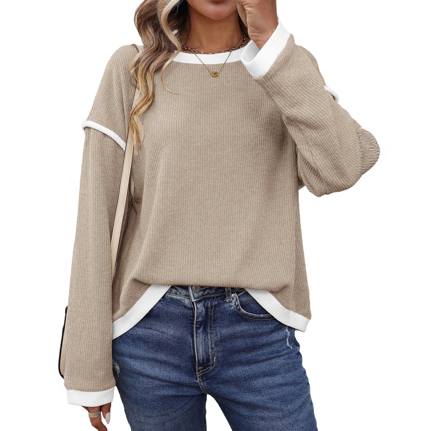 Solid Color Stitching Long-sleeved Shirt Women