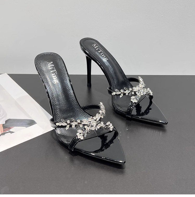Water Diamond Sandals For Women With One Belt, Thin Heels, Half Slippers For Women, Lacquered Leather Cross Belt, High Heels, Cool Slippers