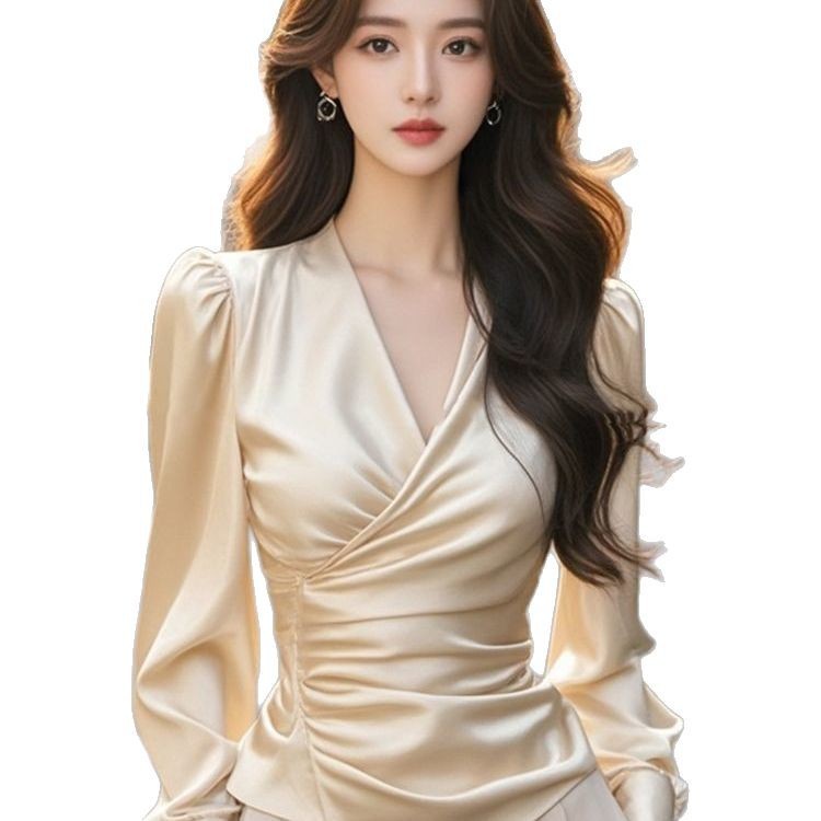 Design Satin Long Sleeve Underwear Blouse Women's V-neck Top