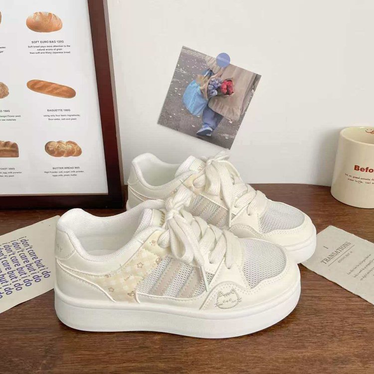 Cute Cat Design Low-Top White Shoes For Women, New Spring Collection, Versatile Fashion Casual Sneakers With Soft Sole And Unique Stylish Design