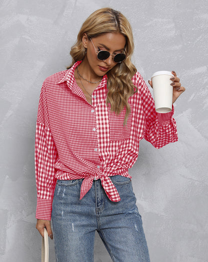 Lapel Plaid Colorblock Loose Casual Shirt