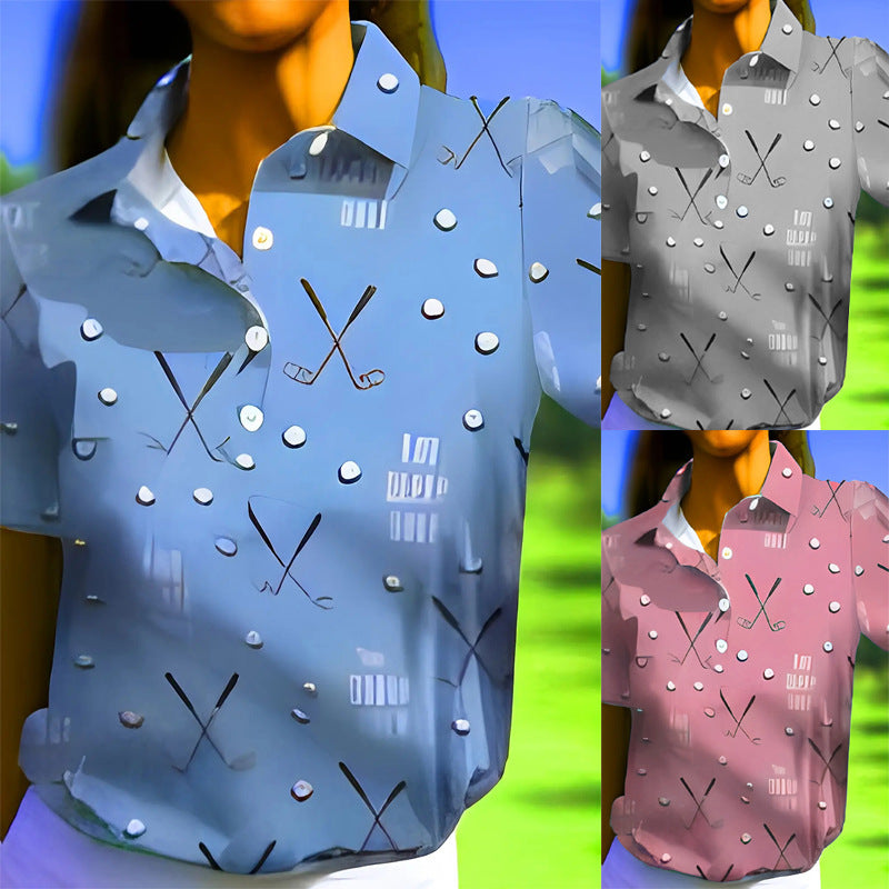 Casual Golf Printed T-shirt Polo Collar Top Women