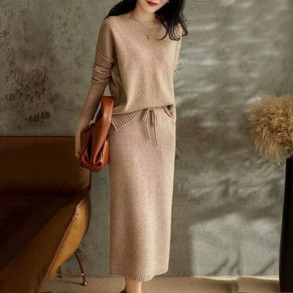 Knitted Loose Slimming Top With Skirt Two-piece Set For Women
