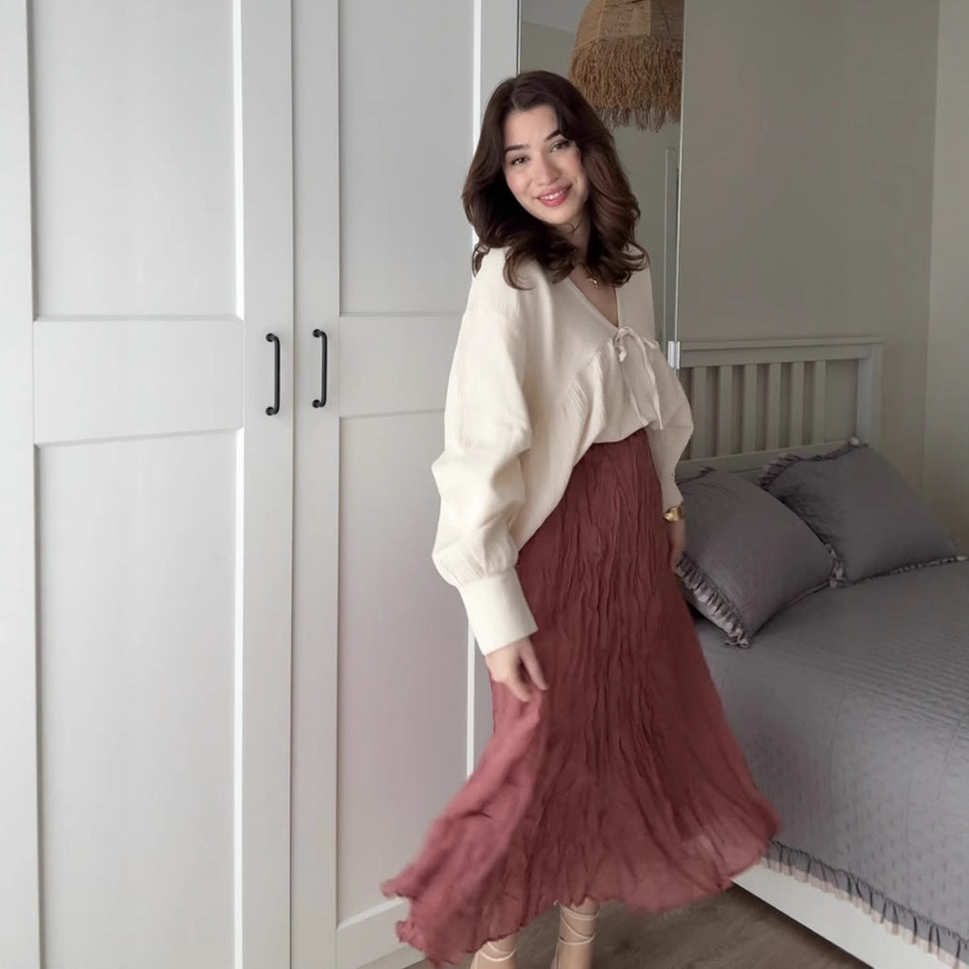 Pleated High Waist Gentle Beige Skirt