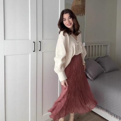 Pleated High Waist Gentle Beige Skirt