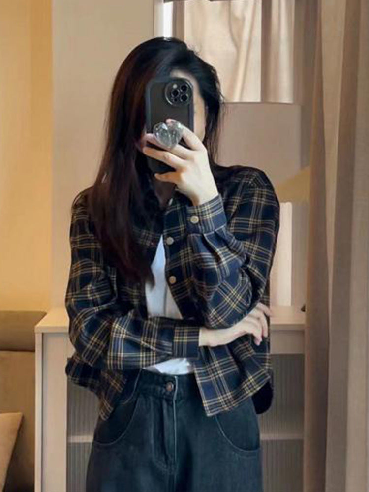 American Retro Short Plaid Shoulder Shirt Coat