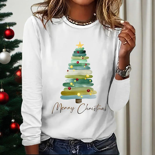 Women's Long Sleeve Merry Christmas T-Shirt, Cute Christmas Tree Graphic Tee, Funny Holiday Party Top