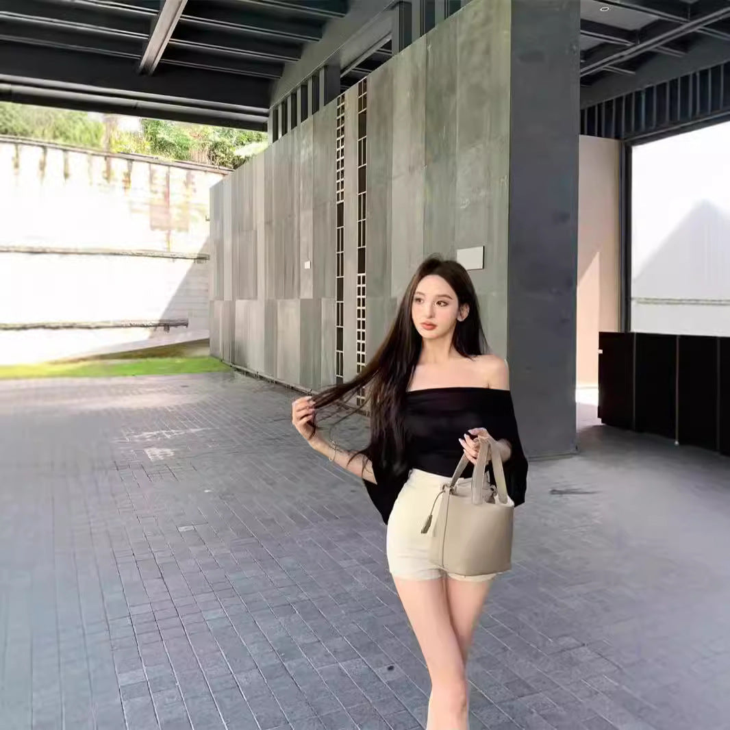 Off-neck Blue T-shirt Women's Summer Tight Waist Slimming And Shoulder Hollow Top