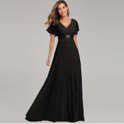 Elegant V-Neck Flared Sleeve Chiffon Maxi Dress For Women - Stretchy A-Line Party Evening Gown With Handmade Pleats
