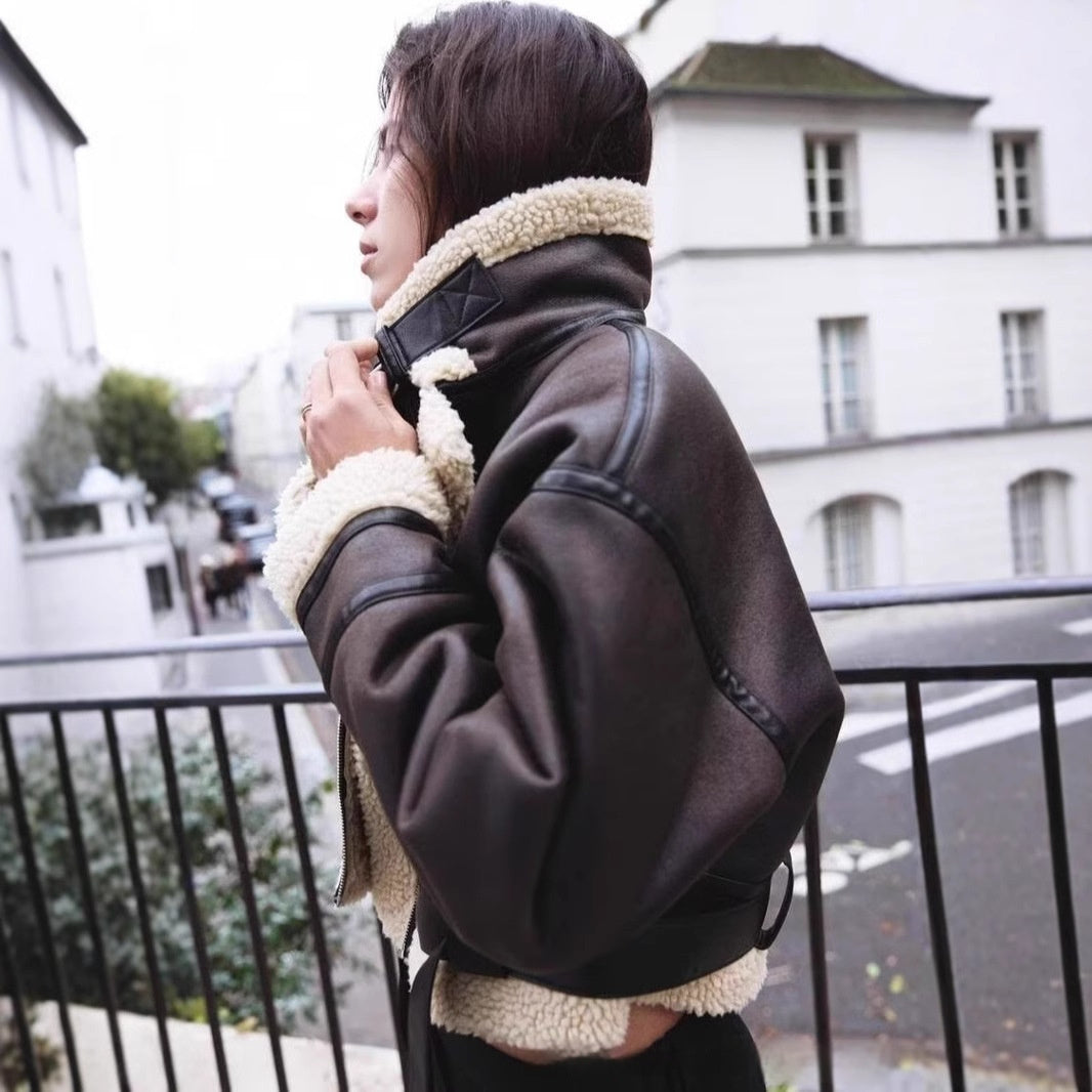 Wear Fur Integrated Lapel Thickening Warm Double-sided Casual Short Jacket Coat